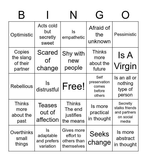Nat n Jack Personality Bingo Card
