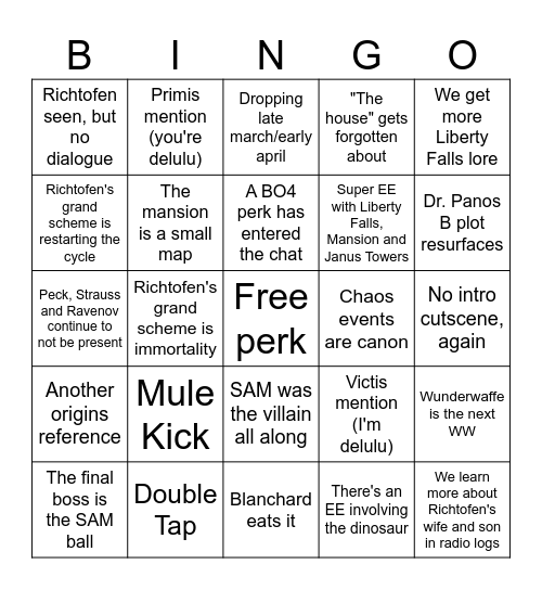 BO6 Zombies season 3 Bingo Card