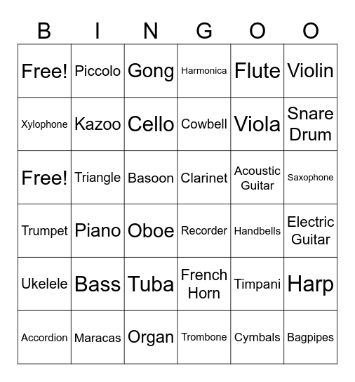 Instrument Bingo Card