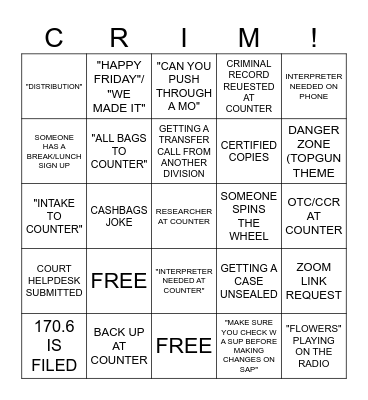 The Day in the Life of a Crim Clerk Bingo Card