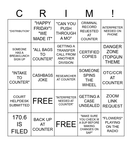 The Day in the Life of a Crim Clerk Bingo Card