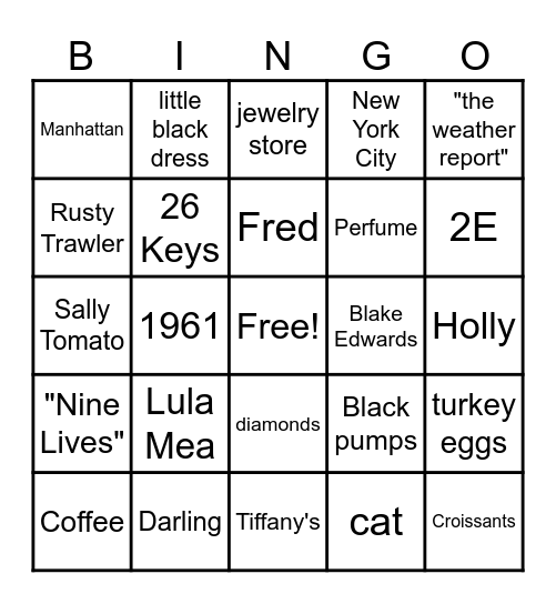 Breakfast at Tiffany's Bingo Card