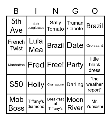Breakfast at Tiffany's Bingo Card