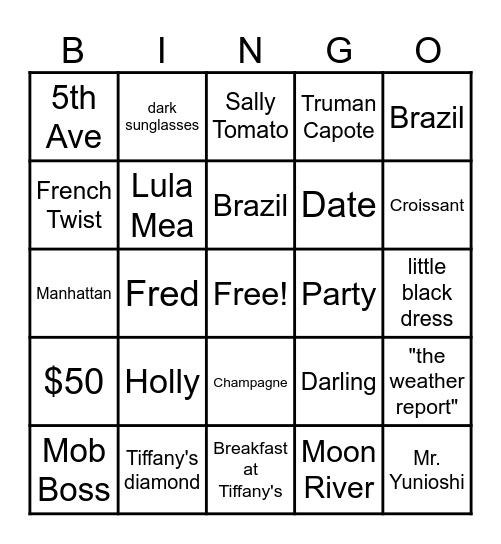 Breakfast at Tiffany's Bingo Card