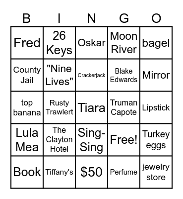 Breakfast at Tiffany's Bingo Card