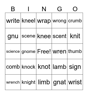 Silent Letters Bingo Card