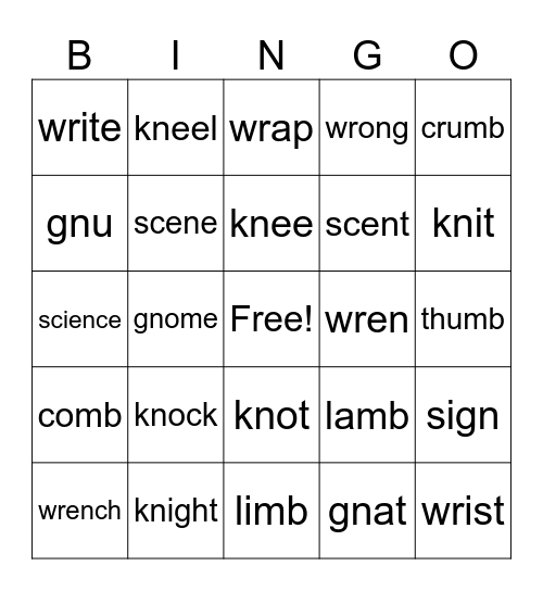 Silent Letters Bingo Card