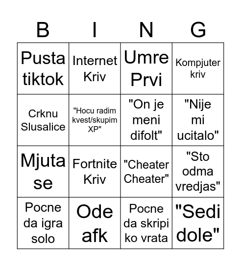 Fortnite sa Vasilijem BINGO Card