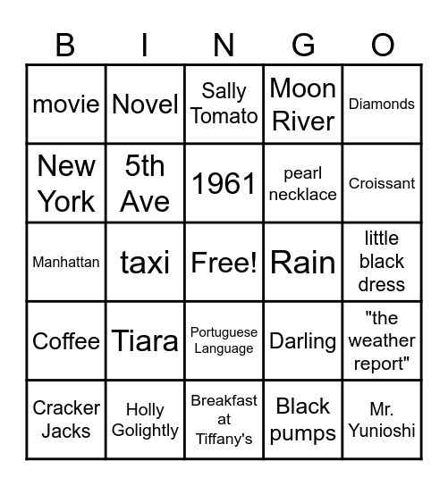 Breakfast at Tiffany's Bingo Card