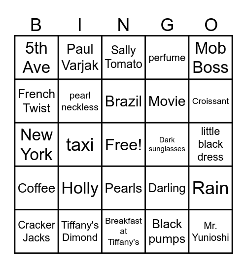 Breakfast at Tiffany's Bingo Card