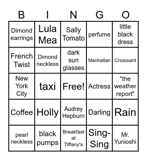 Breakfast at Tiffany's Bingo Card