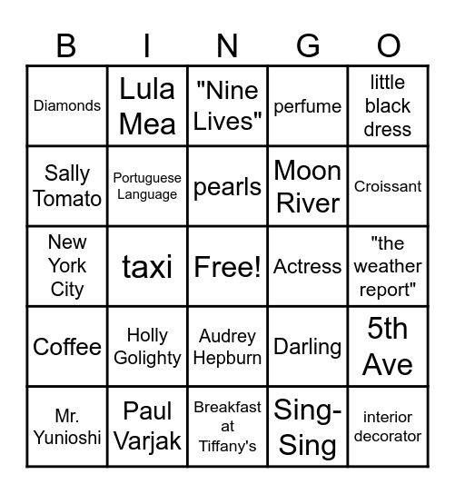 Breakfast at Tiffany's Bingo Card