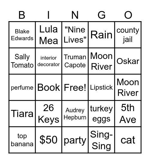 Breakfast at Tiffany's Bingo Card