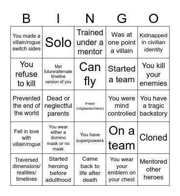 Superhero Bingo Card