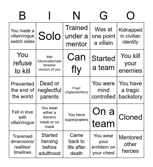 Superhero Bingo Card
