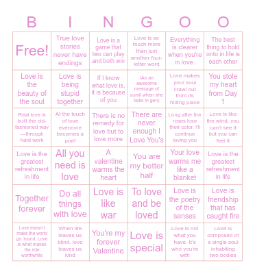 Valentine quotes Bingo Card