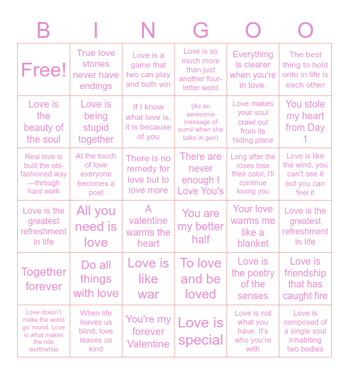 Valentine quotes Bingo Card