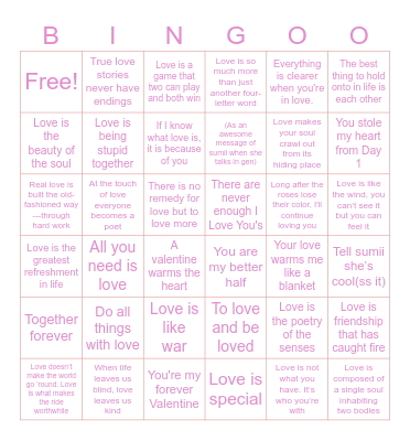 Valentine quotes Bingo Card