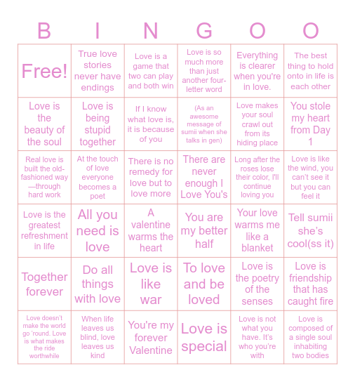 Valentine quotes Bingo Card