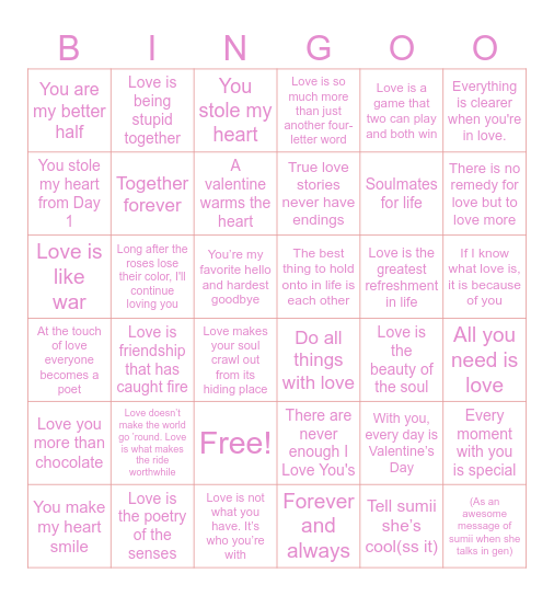 Valentine quotes Bingo Card