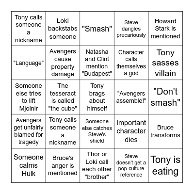 AVENGERS 1 Bingo Card