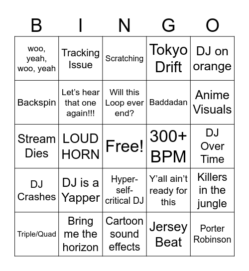 VRChat DJ Meme Bingo Card