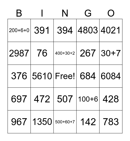 Place Value Bingo Card