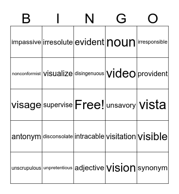 Unit 2 Vocabulary Bingo Card