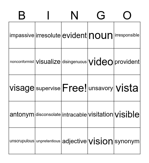 Unit 2 Vocabulary Bingo Card