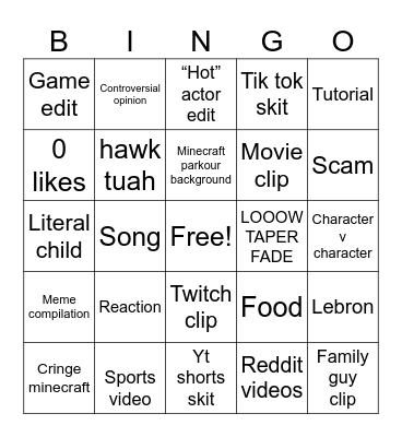 YouTube shorts Bingo Card