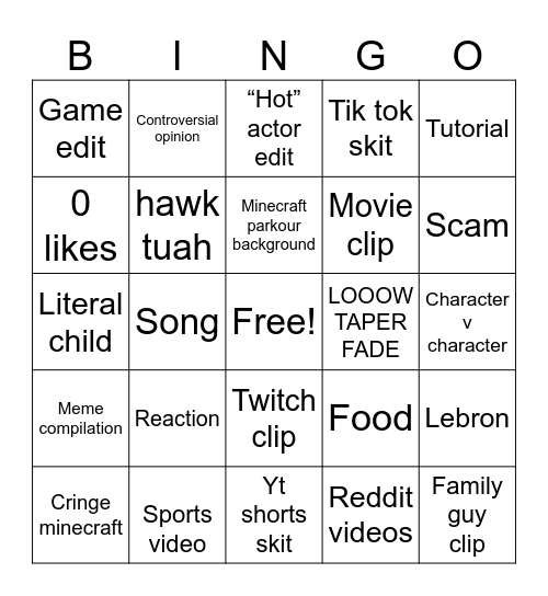 YouTube shorts Bingo Card
