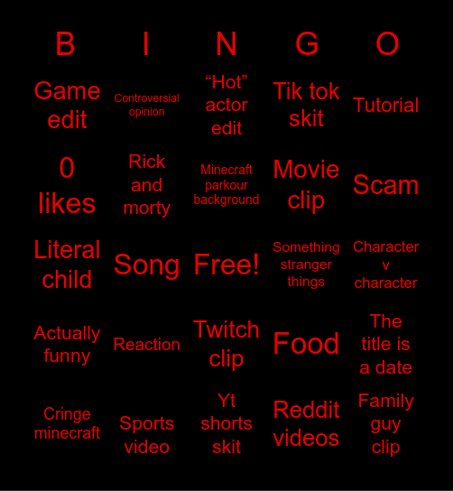YouTube shorts Bingo Card