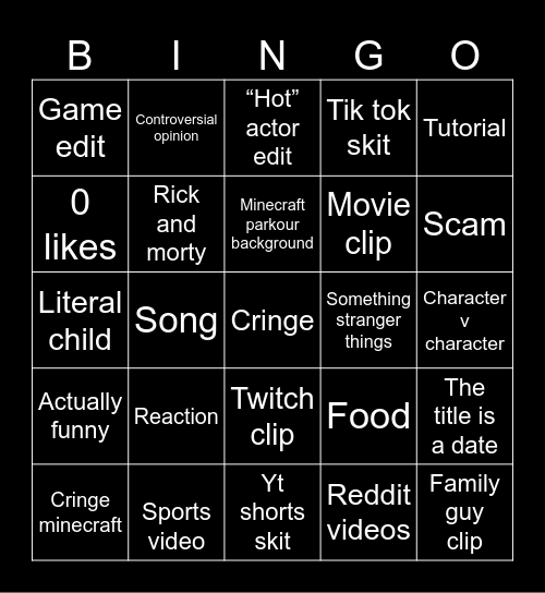 YouTube shorts Bingo Card