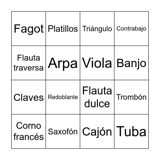 Instrumentos musicales Bingo Card