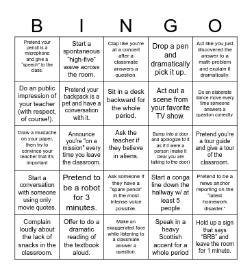 School Bingo Card