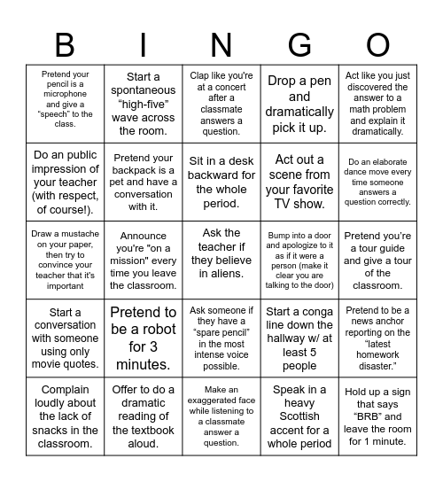 School Bingo Card