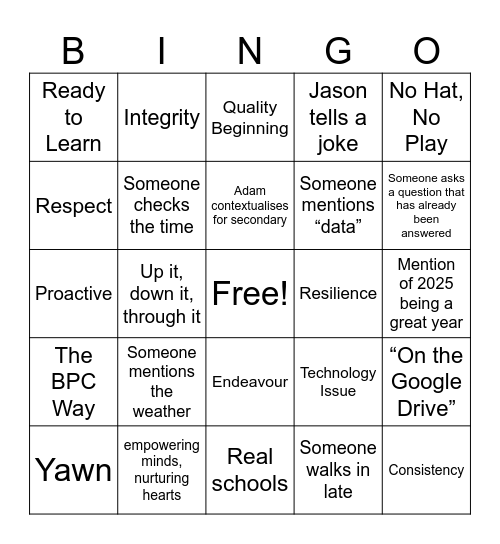 Staff Quality Beginnings Bingo Card