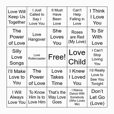 Billboards Top 50 Love Songs Bingo Card