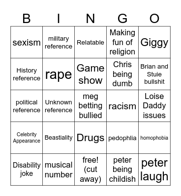 family guy Bingo Card