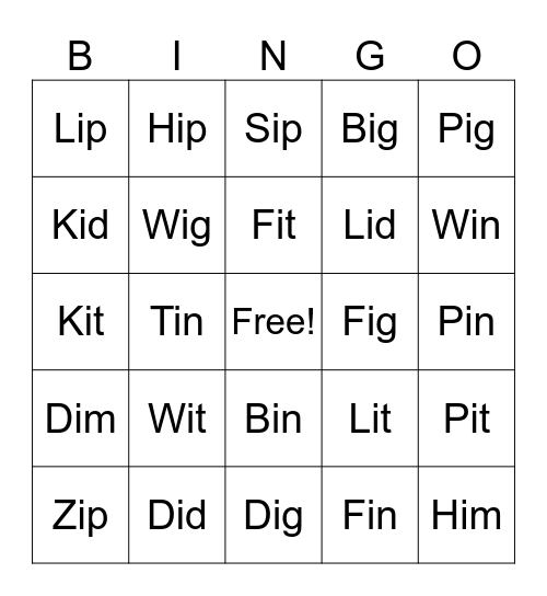 CVC Word for short "i" Bingo Card