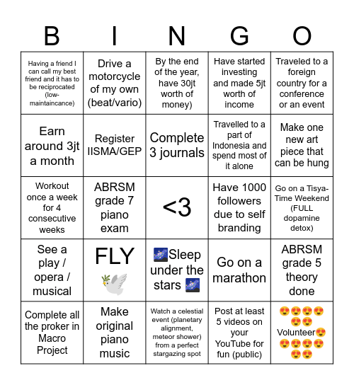 Tisya's 2025 To Do List Bingo Card