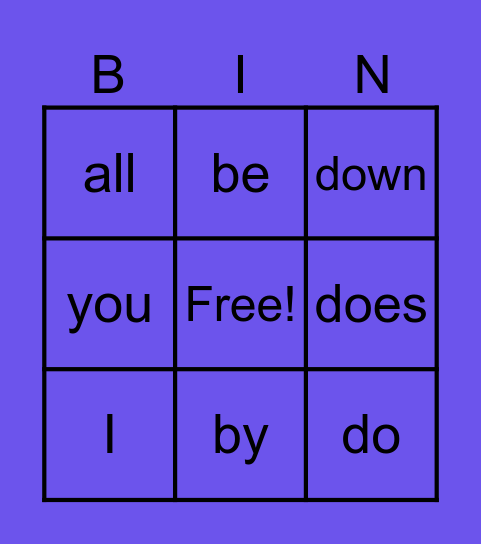 Sight Word Bingo Card