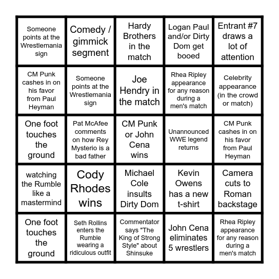 ROYAL RUMBLE - MEN'S MATCHES Bingo Card