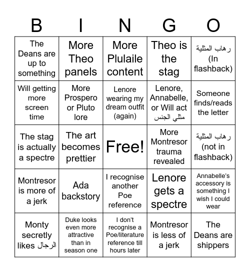 Nevermore Predictions Season Two Bingo Card