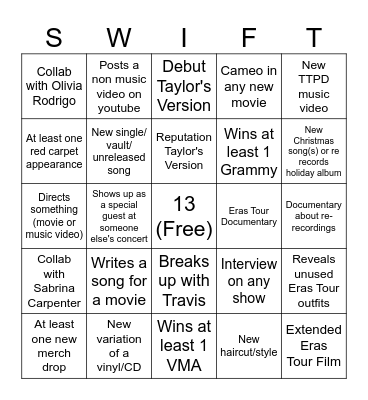 Taylor Swift 2025 Bingo Card