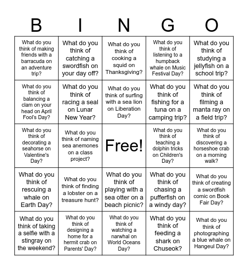 S22 U12 What do you think of + Sea Animals Bingo Card