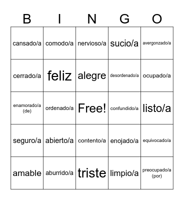 Spanish Adjetivos Bingo Card