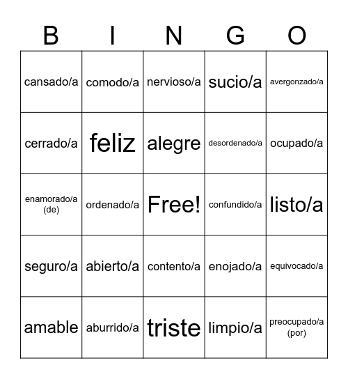 Spanish Adjetivos Bingo Card