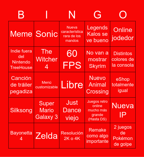 New Super Nintendo Switch 2 XL Bingo Card