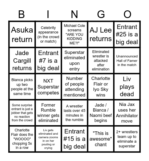 ROYAL RUMBLE - WOMEN'S MATCHES Bingo Card